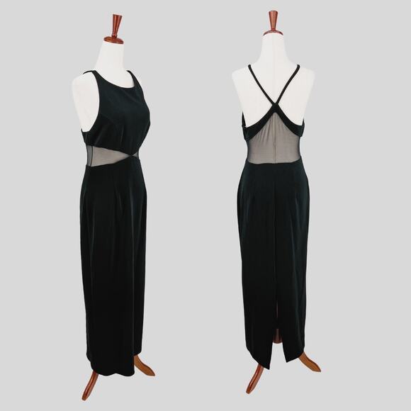 90s Vintage Betsy & Adam Black Sheer Mesh Cut Paneled Gown - Picture 1 of 7